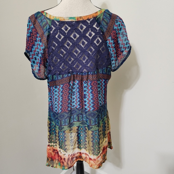 VALERIE STEVENS Sheer Geometric Multicolor Short Sleeve Lace Blouse XL - Picture 12 of 16